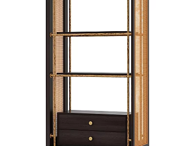 Modern Rattan Storage Cabinet With Gold Frame Black Body Open Shelves And Drawers 3d model