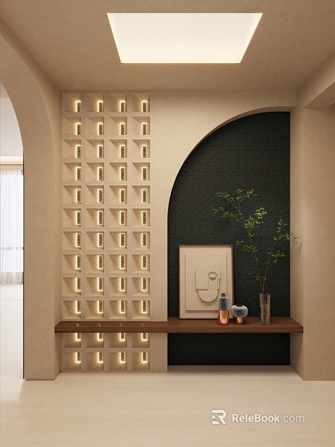 Entryway Hallway With Stylish Lit Grid Patterned Wall Arched Dark Wall And Wooden Shelf Decor 3d model 