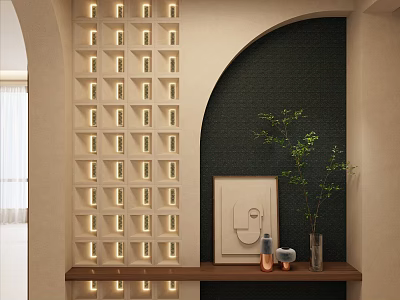 Entryway Hallway With Stylish Lit Grid Patterned Wall Arched Dark Wall And Wooden Shelf Decor 3d model