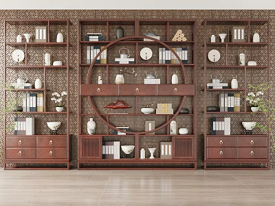Chinese Antique Shelf with Circular Openwork Design Porcelain Books Ornaments Textured Wall Background and Drawers 3d model