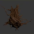 Dry Tree With Twisted Branches Exposed Roots And Textured Trunk On Dark Background 3d model