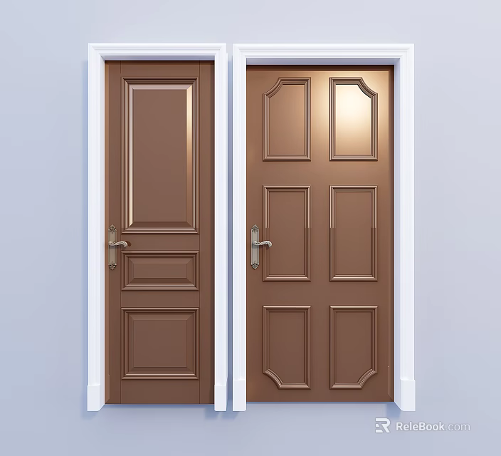 Brown Hinged Doors With White Frames Various Panel Designs And Metal Handles For Interior 3d model