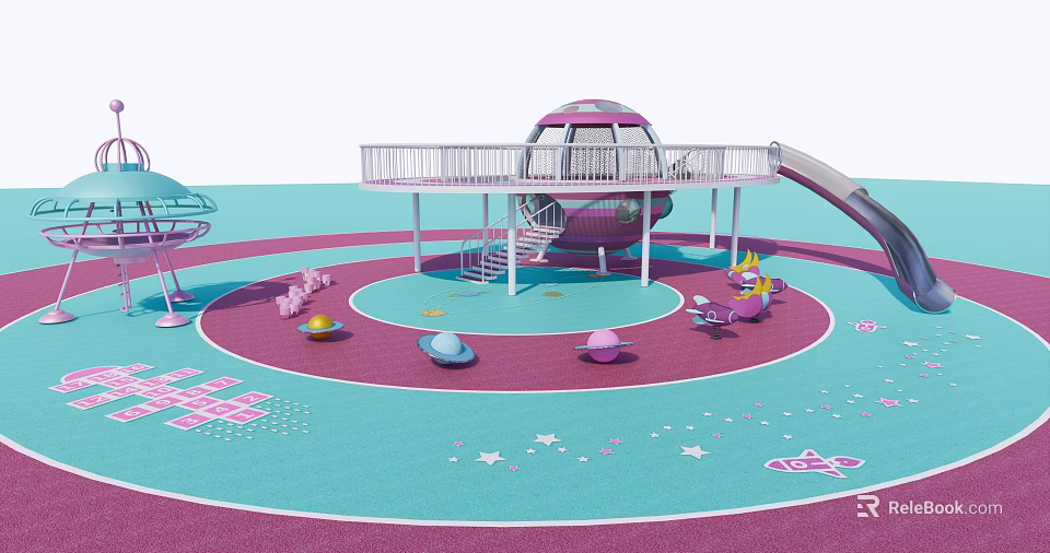 Children's Playground Equipment With Colorful Round Platform Slide And Star Patterned Floor 3d model 
