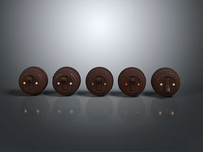 Five Brown Electrical Outlets With Round Design And Red Indicator Light One Lit 3d model
