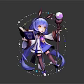 Magical Girl Character With Rabbit Ears Blue Long Hair Holding Magic Book And Crystal Staff