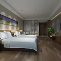 Modern Hotel Room Interior With Double Beds City View Wooden Flooring And Decorative Art