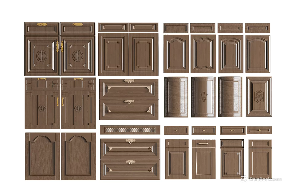 Various Brown Wooden Hinged Doors With Classic Designs And Multiple Styles 3d model