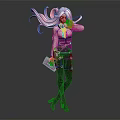 Stylish Pink Haired Female Character In Dark Leather Outfit Holding Pink Item And High Heels