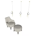 White Single Sofa With Ottoman And Wooden Legs Against Gray Wall And Round Pendant Lights
