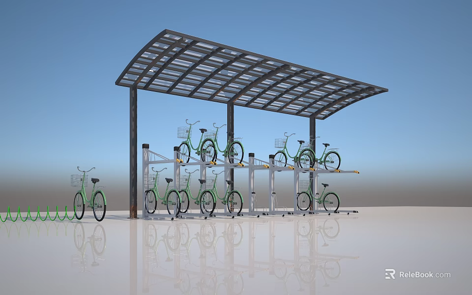 Organized Bicycle Parking Shelter With Multi Level Racks And Green Bikes 3d model 