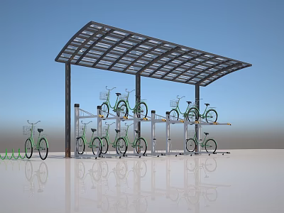 Organized Bicycle Parking Shelter With Multi Level Racks And Green Bikes 3d model