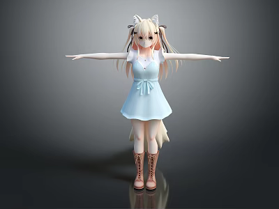 Game and Movie Character with Cat Ears Long Hair Blue Dress Brown Boots Arms Outstretched 3d model
