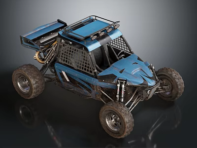 Blue Off-Road Utility Vehicle with Open Roll Cage Large Tires and Sturdy Suspension Design 3d model