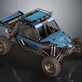 Blue Off-Road Utility Vehicle with Open Roll Cage Large Tires and Sturdy Suspension Design