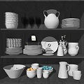 Modern Ceramic Dinnerware Collection Displayed On Kitchen Shelves With Plates Cups And Jugs