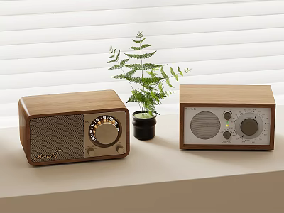Vintage Wooden Radios And Fern Plant On White Countertop With Blinds Background 3d model