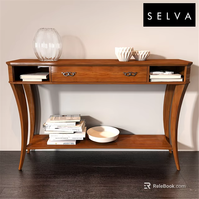 Wooden Dining Table Featuring Drawers Glass Vase White Bowls Stacked Books And White Plate 3d model 