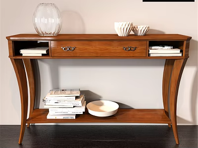 Wooden Dining Table Featuring Drawers Glass Vase White Bowls Stacked Books And White Plate 3d model