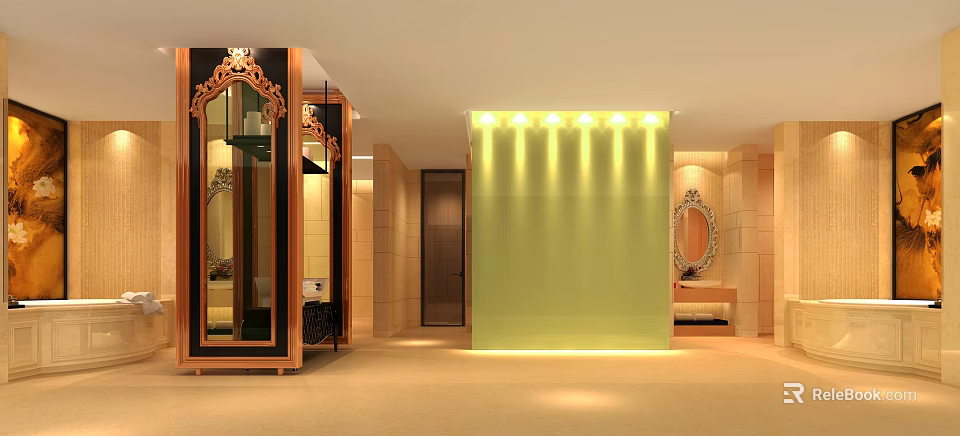 Luxurious Modern SPA Sauna Interior With Soft Lighting And Elegant Mirror Design 3d model 