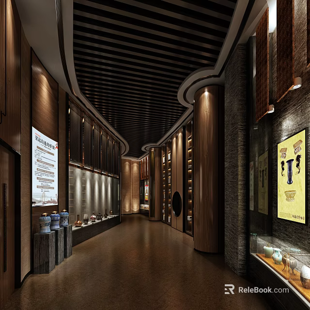 Other Exhibition Hall Interior With Wooden Ceiling Display Cabinets And Ceramic Exhibits 3d model 