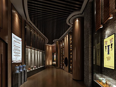 Other Exhibition Hall Interior With Wooden Ceiling Display Cabinets And Ceramic Exhibits 3d model
