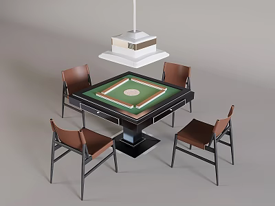 Game Table Set With Four Brown Chairs And Green Playing Surface Hanging Light Above 3d model