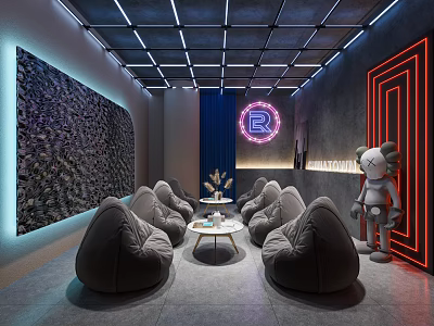 Shower Sauna Modern Lounge With Neon Lights And Bean Bags 3d model