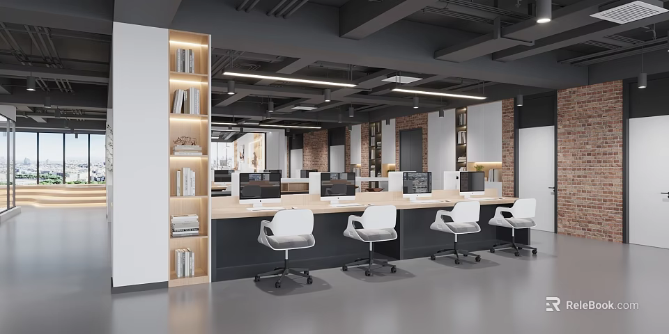 Modern Public Office Space With Long Desks White Chairs And Wooden Bookshelves 3d model 