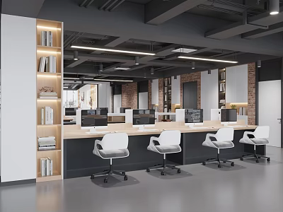 Modern Public Office Space With Long Desks White Chairs And Wooden Bookshelves 3d model