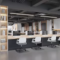 Modern Public Office Space With Long Desks White Chairs And Wooden Bookshelves