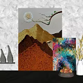Decorative Wall Art With Mountain Pattern And Abstract Painting In Interior Decor 3d model