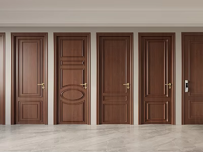 Brown Wooden Hinged Doors Featuring Different Panel Designs In Home Interior 3d model