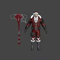 Game Character In Santa Inspired Red Armor With White Fur Holding Red Battle Axe