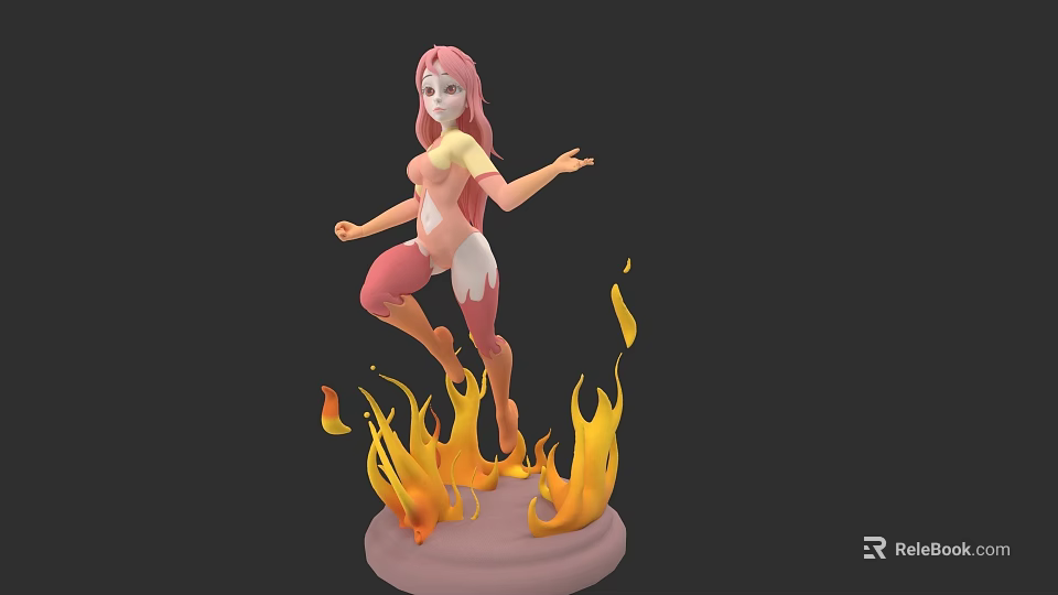 Woman With Pink Hair Wearing Pink And Yellow Outfit On Pedestal Surrounded By Flames 3d model 