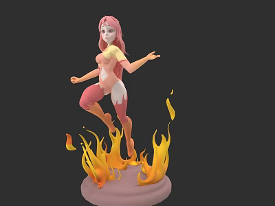Woman With Pink Hair Wearing Pink And Yellow Outfit On Pedestal Surrounded By Flames 3d model