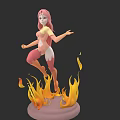 Woman With Pink Hair Wearing Pink And Yellow Outfit On Pedestal Surrounded By Flames
