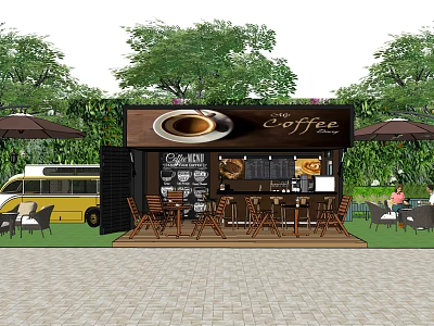 Outdoor Cafe With Coffee Signboard Lawn Seating Green Trees And Yellow Van 3d model