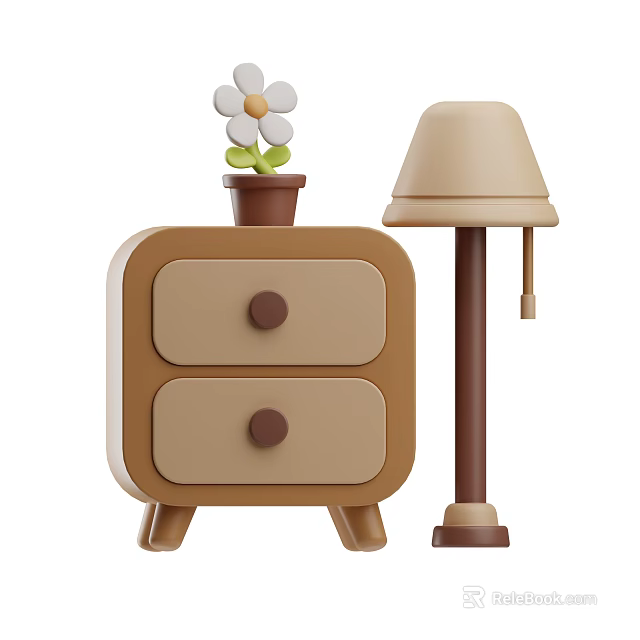 Wooden Bedside Table With Two Drawers And Decorative Table Lamp With Potted Flower 3d model 
