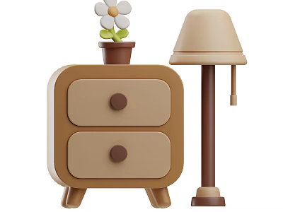 Wooden Bedside Table With Two Drawers And Decorative Table Lamp With Potted Flower 3d model