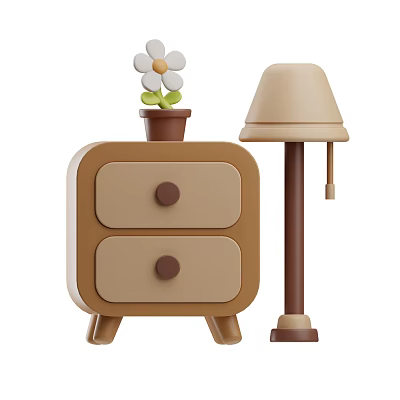 Wooden Bedside Table With Two Drawers And Decorative Table Lamp With Potted Flower 3d model