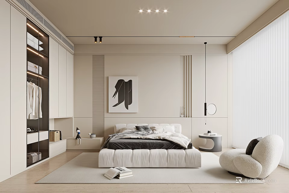 Modern Bedroom Interior Design With Platform Bed Wall Art Built In Wardrobes And Cozy Armchair 3d model 