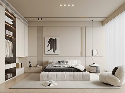 Modern Bedroom Interior Design With Platform Bed Wall Art Built In Wardrobes And Cozy Armchair 3d model