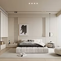 Modern Bedroom Interior Design With Platform Bed Wall Art Built In Wardrobes And Cozy Armchair