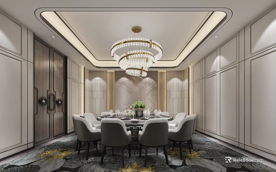 Luxury Private Dining Box Interior With Round Table Chandelier And Decorative Wall 3d model