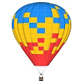 Vibrant Blue Yellow Red Checkerboard Pattern Hot Air Balloon in Flight