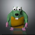 Cartoon Green Creature Character With Big White Eyes Black Nose Orange Belly And Pink Paws