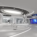 Futuristic Modern Commercial Interior Space With Curved Lines Circular Ceiling And Display Cabinets