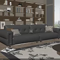 Black Leather Three Seater Sofa With Decorative Pillows Bookshelf And Patterned Rug In Living Room