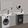 Modern Laundry Room With Two Washing Machines White Countertop Wall Cabinets And Green Plant