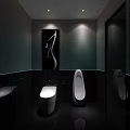 Modern Public Restroom Interior With Black Tiles Green Accent And White Fixtures
